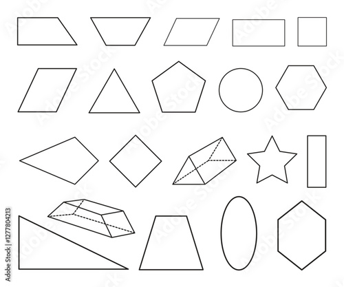 Vector Hand Drawn Illustration Set of Plane & Solid Geometric Shapes.