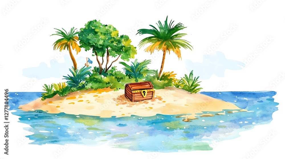 Obraz premium Watercolor Painting of a Tropical Island with a Treasure Chest