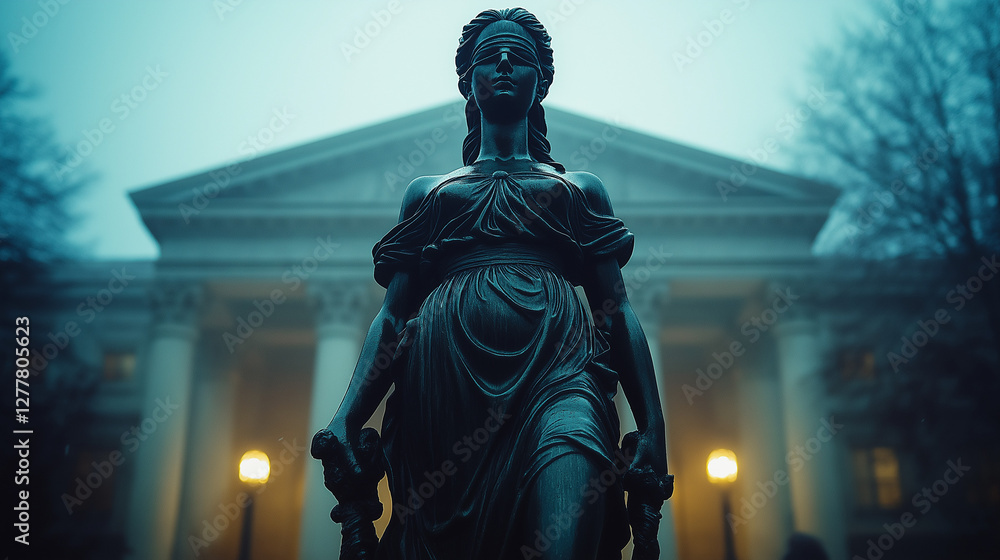Fototapeta premium Lady Justice Stands Vigil: A majestic statue of Lady Justice presides over a grand courthouse. The atmospheric lighting casts long shadows, emphasizing the solemnity and authority of the law.