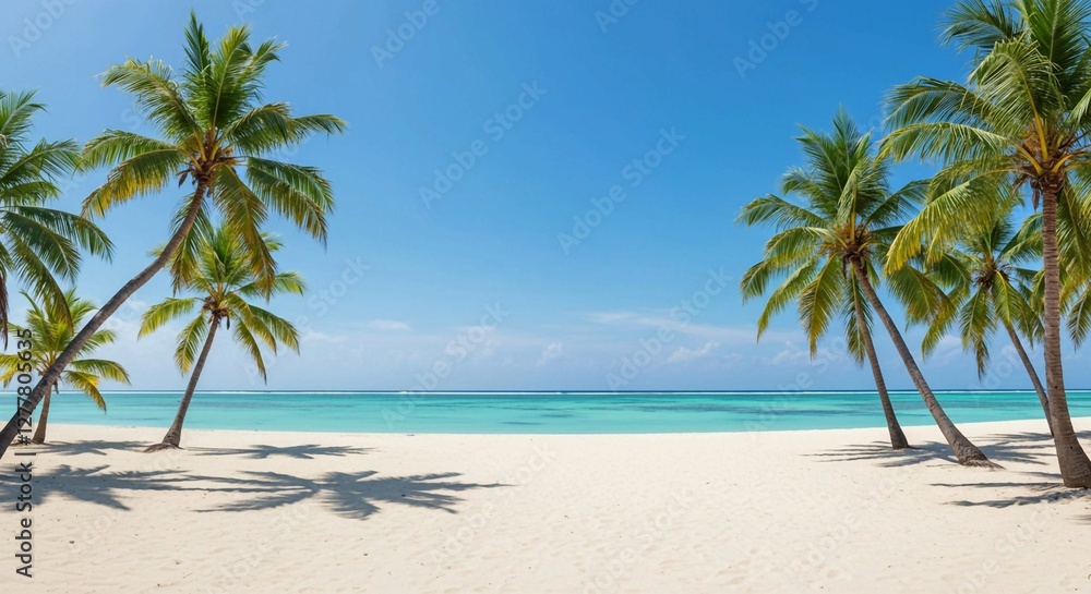 Idyllic tropical beach scene with swaying palm trees, pristine white sand, and inviting turquoise waters under a bright sun Idyllic tropical beach scene with swaying palm trees, pristine white sand, and inviting turquoise waters under a bright sun