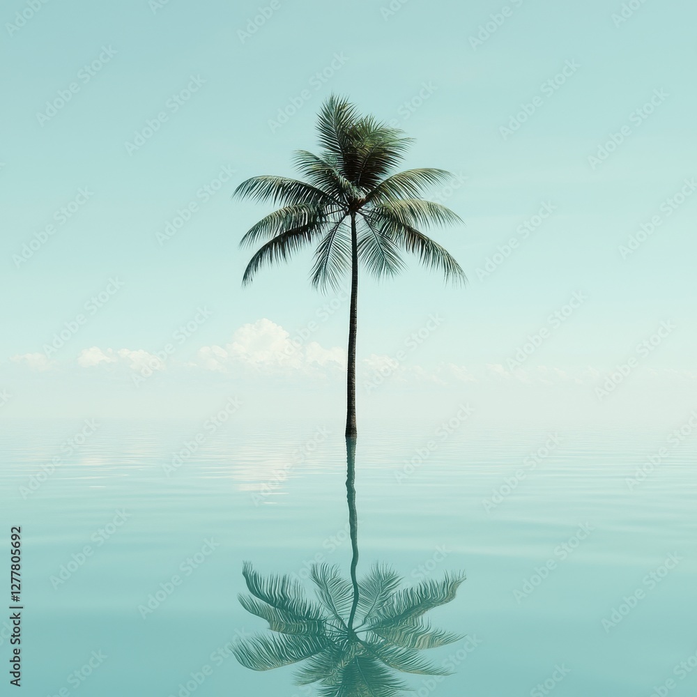 Fototapeta premium Tranquil Oasis with Lush Green Palm Tree Reflecting in Calm Water