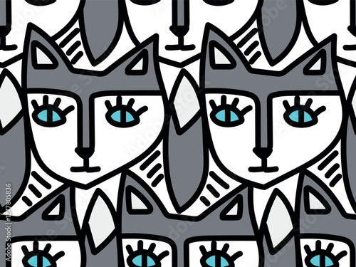 Funny, cute, nice and friendly animal, wolf, dog, haskins, North, forest animals.  Seamless vector pattern for design and decoration. 