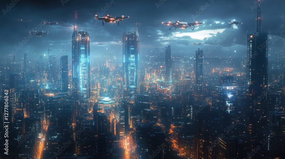 Fototapeta premium Aerial View of Futuristic Cityscape at Night with Drones and Neon Lights Under Cloudy Sky