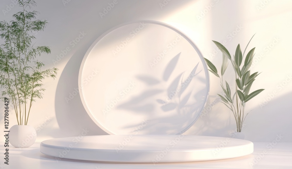 White podium, plants, sunlight, shadow, minimal studio White podium, plants, sunlight, shadow, minimal studio