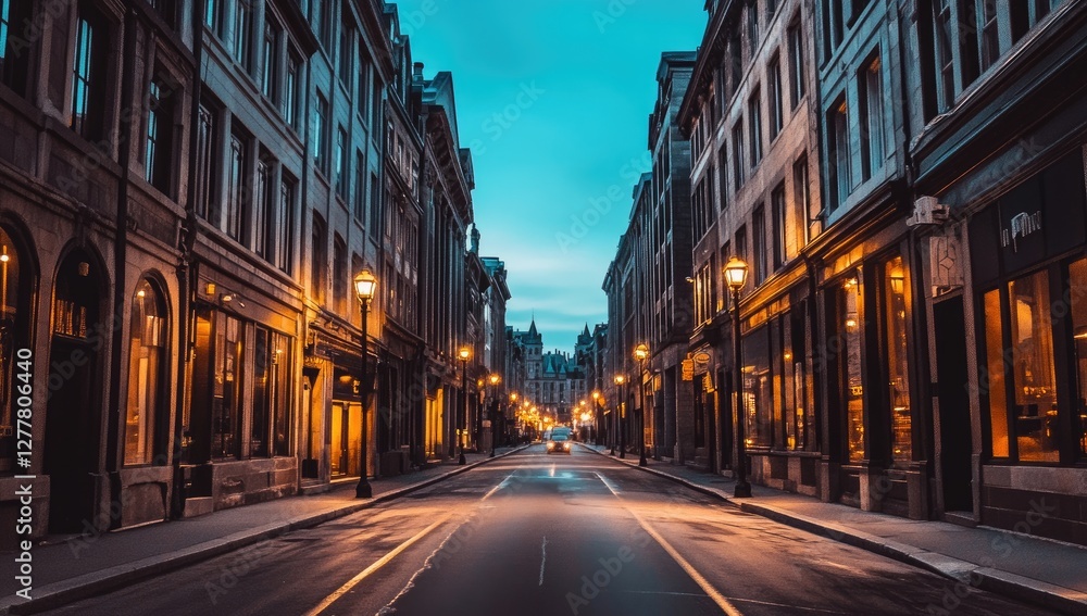 Empty city street at dawn, historic buildings, lit shop windows Empty city street at dawn, historic buildings, lit shop windows