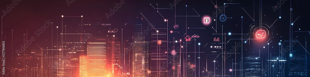Fototapeta premium Smart City Skyline Illuminated With Digital Network Connections