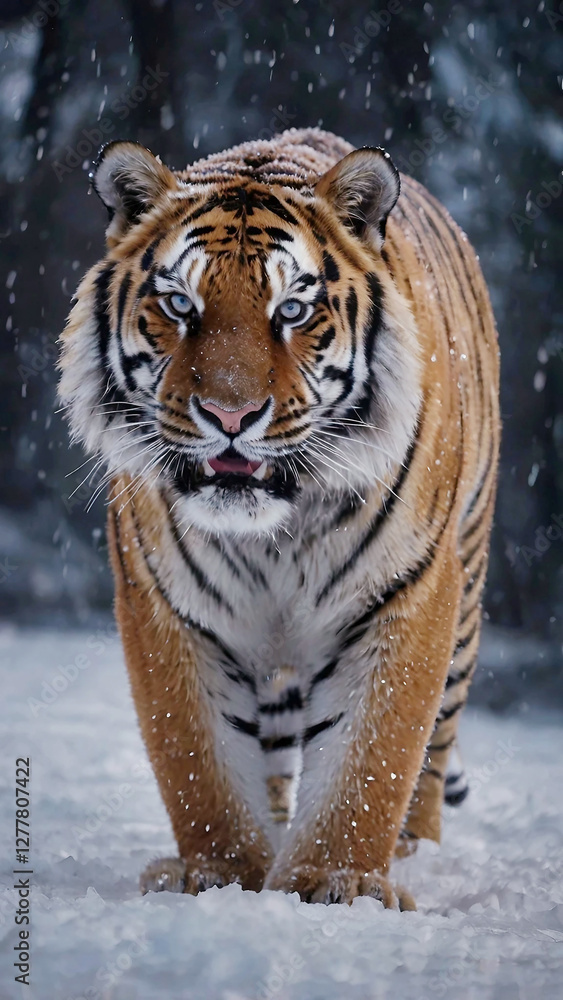 Obraz premium A Royal Bengal Tiger Looks Menacing in the Snow-Covered Forest. 