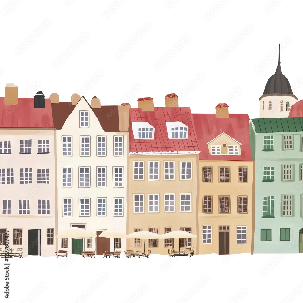 Fototapeta premium Watercolor Illustration of European Townhouses with Red Roofs