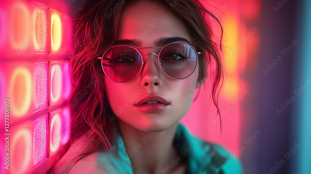 Fototapeta premium Neon-lit Woman: A captivating portrait of a stylish woman, bathed in the vibrant glow of neon lights, donning trendy sunglasses and exuding an aura of modern chic and enigmatic allure.