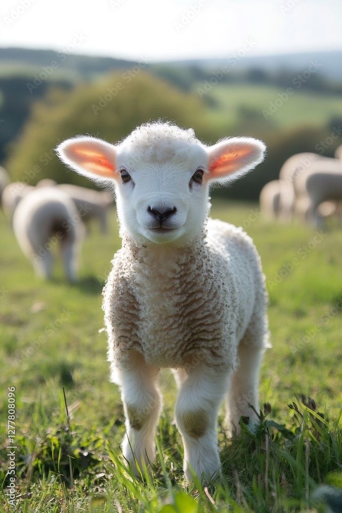 Adorable lamb standing in green field with flock of sheep grazing in background Adorable lamb standing in green field with flock of sheep grazing in background