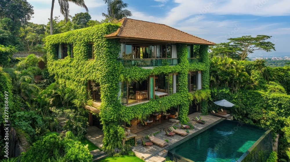 Lush Green Villa Surrounded by Nature with a Pool and Tropical Landscape in Background Lush Green Villa Surrounded by Nature with a Pool and Tropical Landscape in Background
