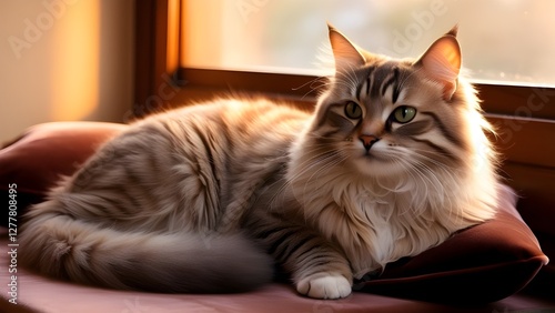 A serene, adorable domestic cat with a grey and white fur, sitting in a cozy, warm atmosphere, perhaps on a soft cushion or a blanket, with its eyes closed and a slight smile, as if enjoying a relaxin photo