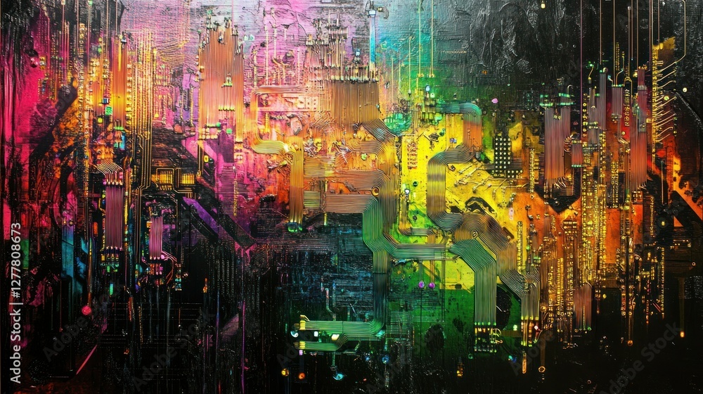 Obraz premium Abstract vibrant cityscape with neon colors and intricate patterns, evoking a futuristic atmosphere