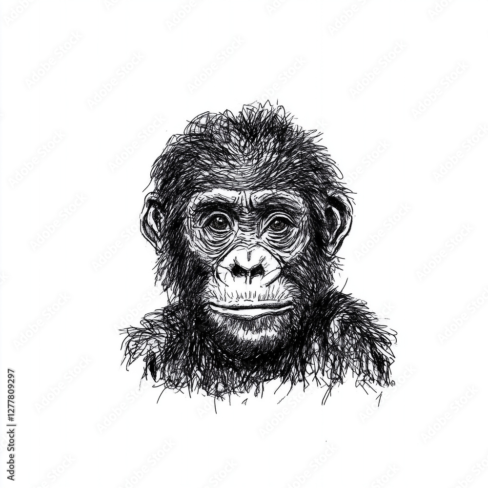 Highly Detailed Black and White Illustration of a Chimpanzee Face Highly Detailed Black and White Illustration of a Chimpanzee Face