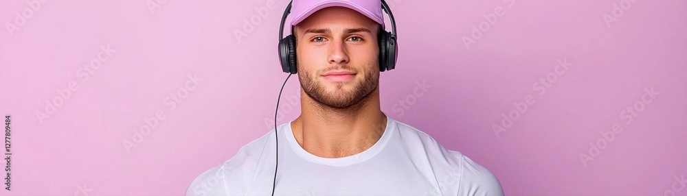 Fototapeta premium A young man wearing headphones and a pink cap smiles against a soft pink background, embodying a vibe of relaxation and enjoyment in music.
