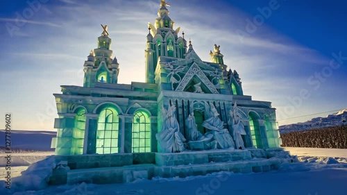 A majestic ice castle with intricate details surrounded by snowy mountains. The frosty architecture creates a magical winter fairy tale atmosphere.