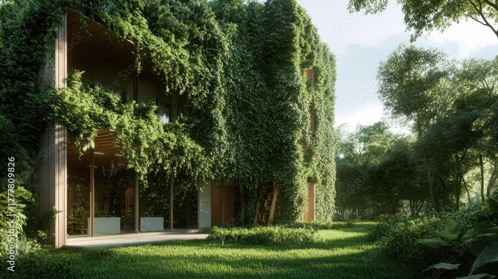Modern eco-friendly building covered in lush greenery surrounded by a serene natural landscape Modern eco-friendly building covered in lush greenery surrounded by a serene natural landscape