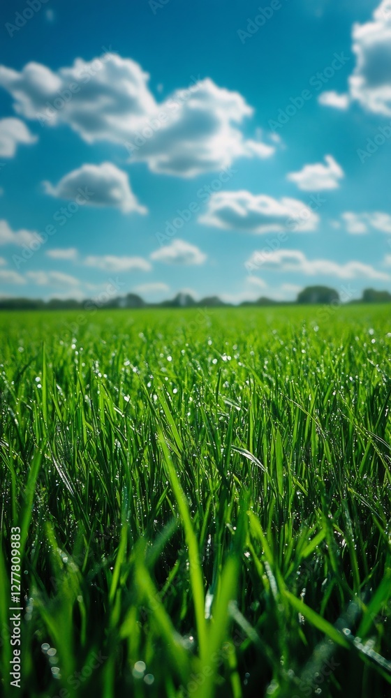 Fresh green grass growing in a field with morning dew under a cloudy sky Fresh green grass growing in a field with morning dew under a cloudy sky