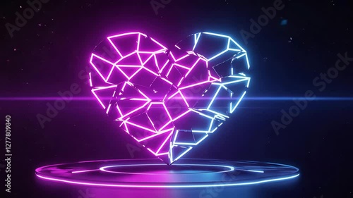 A glowing neon heart made of broken geometric shapes in pink and blue tones. The futuristic digital design creates a modern and cyberpunk feel.