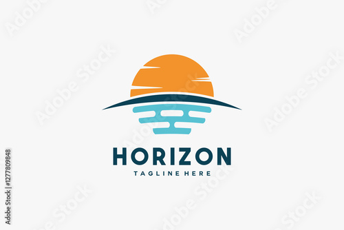 Vector illustration of sunrise over the ocean, sun logo over the horizon