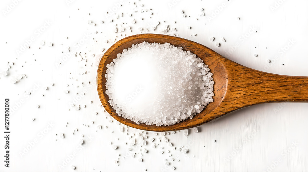 White sugar in a wooden spoon on a white background . sugar in a spoon White sugar in a wooden spoon on a white background . sugar in a spoon
