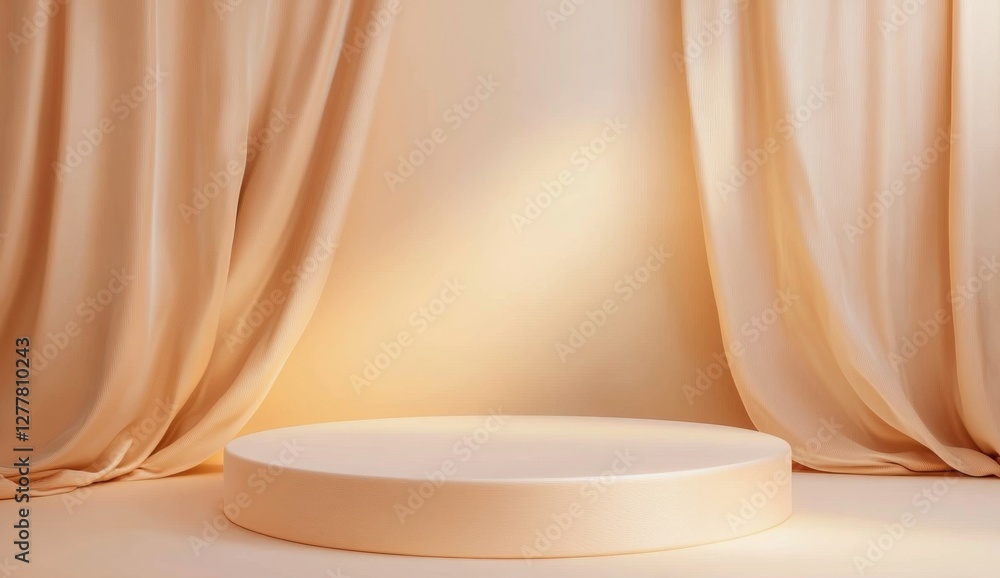 Beige podium, draped curtains, studio, sunlight, product display Beige podium, draped curtains, studio, sunlight, product display