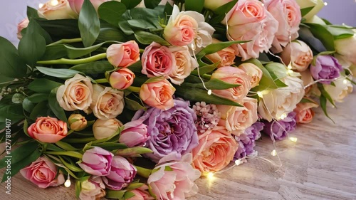 A delicate bouquet of pink and peach roses with lush green leaves. The soft pastel hues create a romantic and elegant atmosphere, perfect for weddings, celebrations, and floral-themed projects.