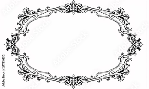 Ornate black ink line art apothecary label with decorative borders