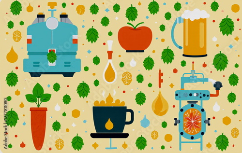 Flat design illustration of the beer brewing process with hops as a key element
