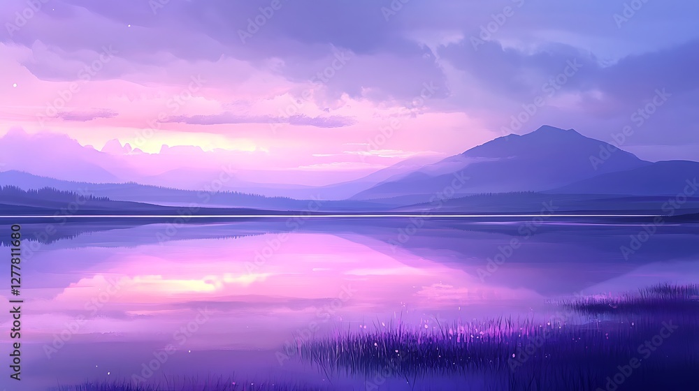Fototapeta premium Serene Purple Sunset Over Tranquil Mountain Lake