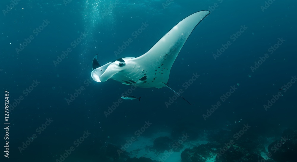 Fototapeta premium Manta Ray Gracefully Swimming Underwater in the Deep Blue Ocean