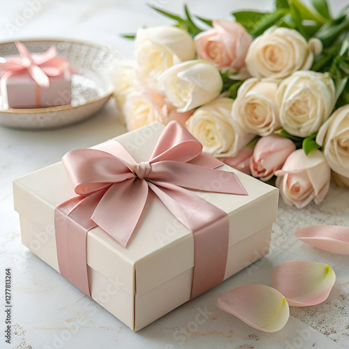 Pink roses and gift boxes with ribbons on white wooden table happy mother day and valentine day Generated by Ai.
