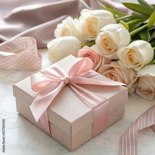Pink roses and gift boxes with ribbons on white wooden table happy mother day and valentine day Generated by Ai.