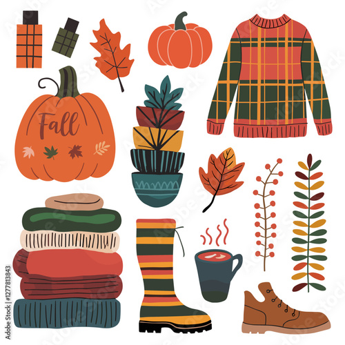 Cozy autumn collection featuring seasonal elements in flat vector style