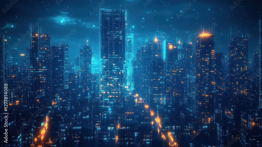 Fototapeta premium Futuristic Urban Nightscape with Glowing Skyscrapers and Bright Neon Lights in a Digital City Environment