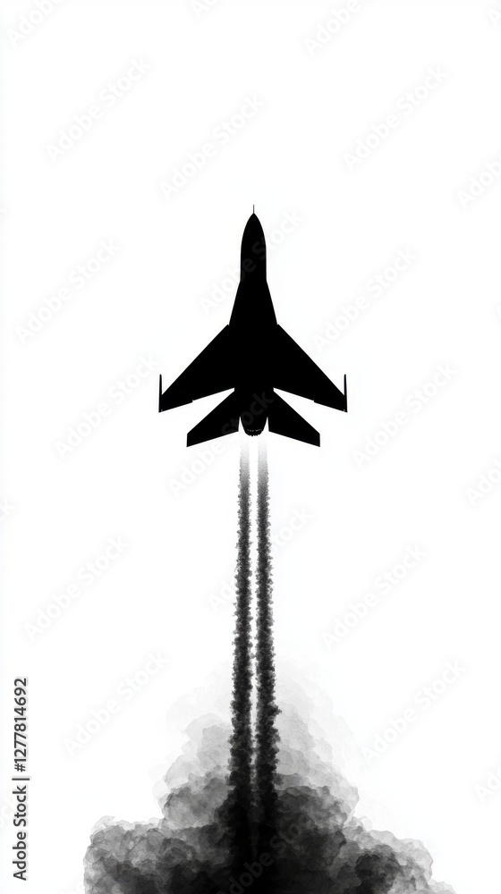 Silhouette of Fighter Jet Taking Off with Smoke Trails in Background Silhouette of Fighter Jet Taking Off with Smoke Trails in Background