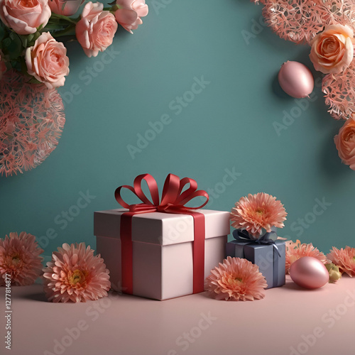 Valentine's day and mother's day concept, red gift box with bow and roses on light wooden background Generated by Ai.
