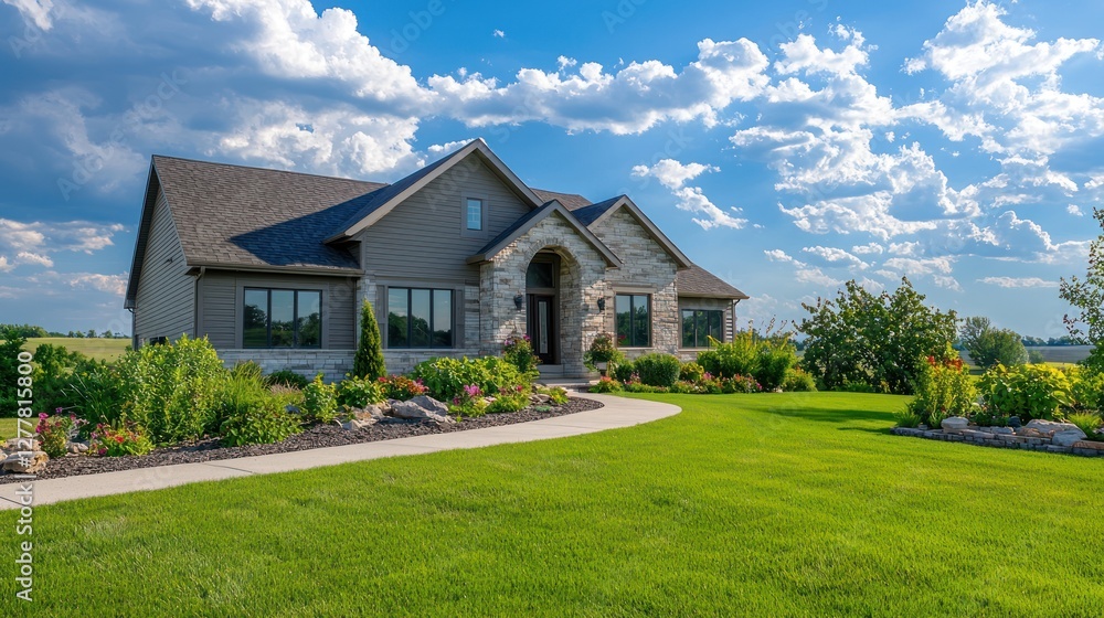 Fototapeta premium A detailed view of a property's exterior with landscaping features.