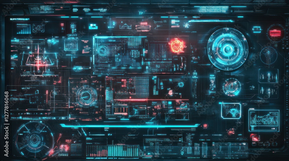 Futuristic digital interface displaying data analytics and technology metrics in a high-tech environment Futuristic digital interface displaying data analytics and technology metrics in a high-tech environment