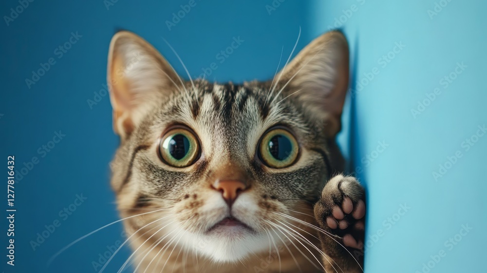 Curious tabby cat staring with wide eyes and raised paw against blue background Curious tabby cat staring with wide eyes and raised paw against blue background