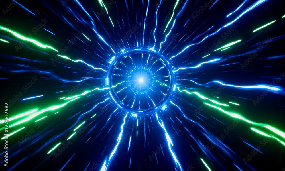 Fototapeta premium Light speed journey through a neon green-blue tunnel
