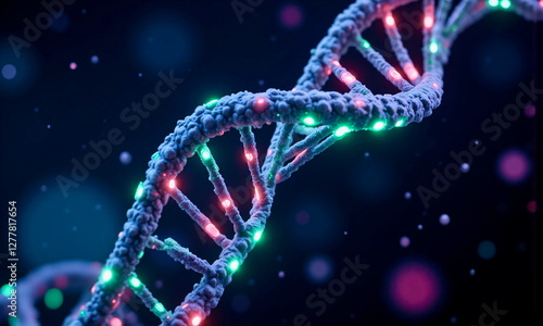 DNA strands with neon green accents on a dark abstract background