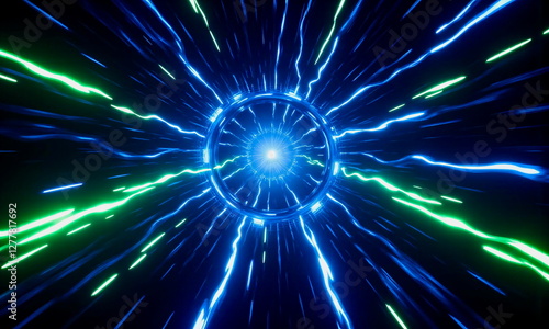 Light speed journey through a neon green-blue tunnel
