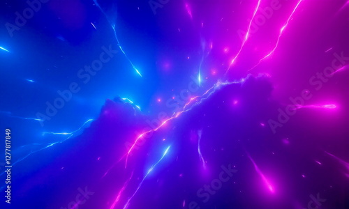 Bright neon-inspired cosmic background with blue and pink hues