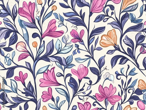 Colorful Floral Pattern with Vibrant Flowers and Leaves Design