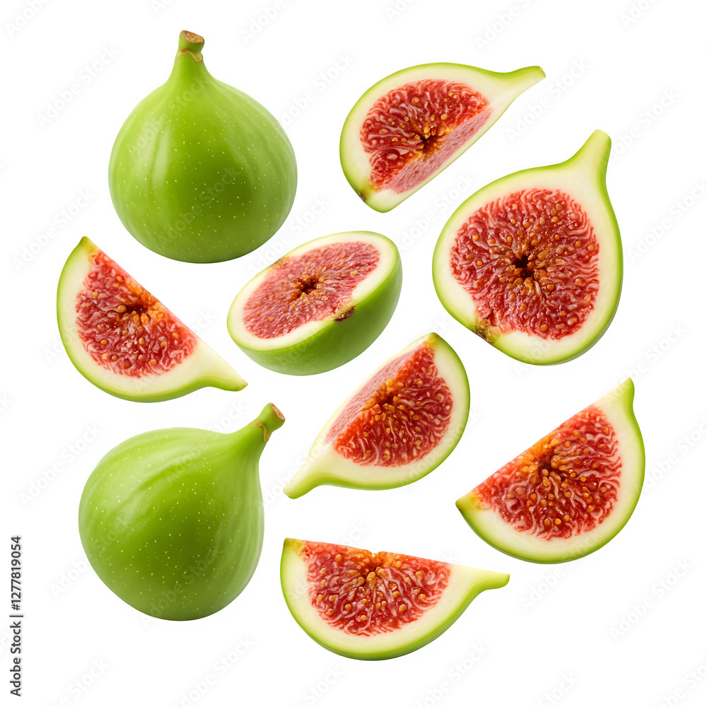 Fresh green figs, both whole and sliced, laid out against a clean white backdrop. Fresh green figs, both whole and sliced, laid out against a clean white backdrop.
