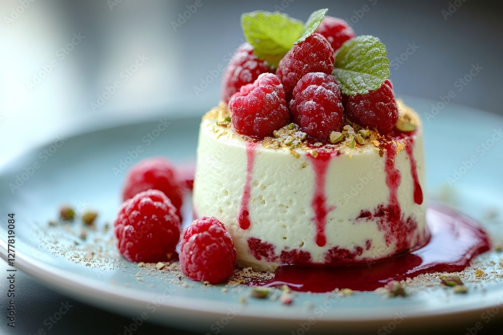 Delicious mini cheesecake with raspberry sauce, fresh raspberries and pistachio topping Delicious mini cheesecake with raspberry sauce, fresh raspberries and pistachio topping