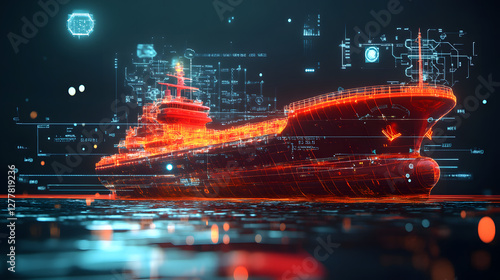 Futuristic digital rendering of a cargo ship, glowing orange lines on dark background, technological concept.