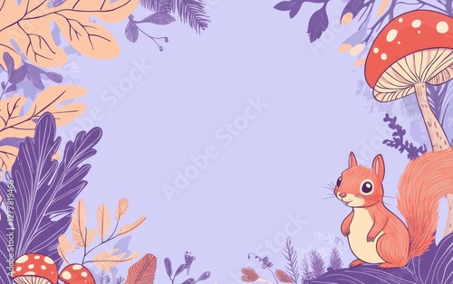 Cute cartoon squirrel with mushrooms in autumn leaves on a light purple background