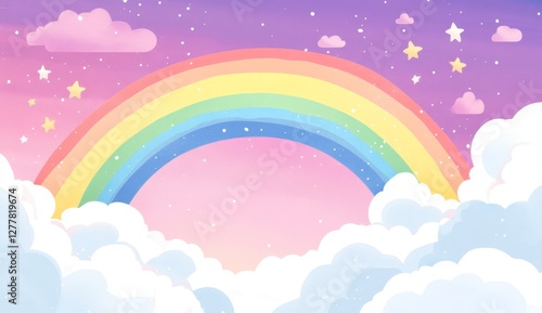 Pastel rainbow arching over clouds, stars, and night sky; whimsical backdrop